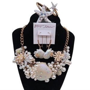 Betsey Johnson Cruise Control Clam Sea Turtle Pearl Earring + Necklace Bracelet